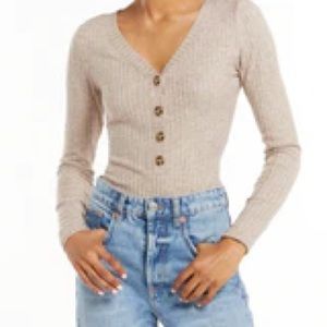 Z Supply Beige Ribbed Button-Up Top